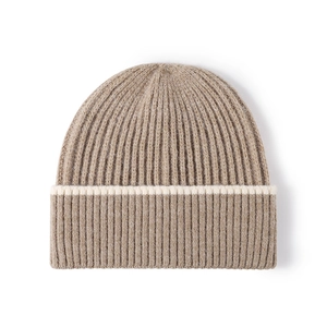 Classic earth brown knit beanie with white striped cuff for winter outdoor warmth
