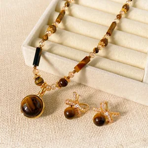 Vintage Tiger Eye Stone Necklace And Bow Zircon Earrings With Silver Earring Post Gold Plated Elegant Jewelry For Women