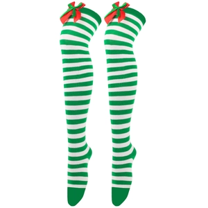 Detail of green and white striped over-knee socks featuring red ribbon bows