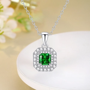 Elegant S925 silver necklace featuring a square blue zircon pendant with double halo