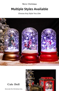 Macro detail of lighted Christmas snow globe lamps and vintage red train table decoration