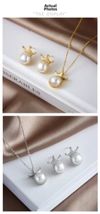 Detailed close-up of crown-shaped pearl necklace and earring set in gold and silver finish