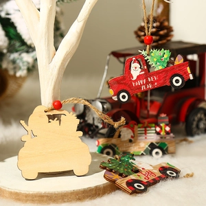 Wooden Christmas truck hanging ornaments with Happy New Year print and red beads on tree branches