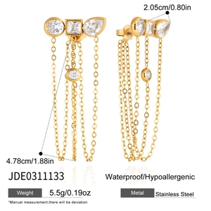 Detailed view of 18K gold-plated stainless steel tassel earrings with white zircon stones