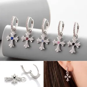 Copper Zircon Cross Pendant Hoop Earrings Retro Gothic Style Huggie Dangle Jewelry For Women Girls Colorful Rhinestone