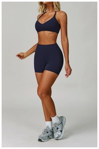 Short de yoga taille haute bleu marine avec brassière de sport dos nu en V