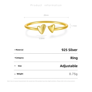 Detailed size specifications for S925 sterling silver adjustable double heart open ring