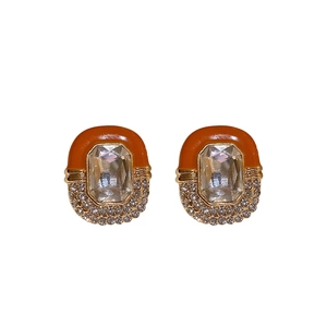 Vintage oval earrings with orange enamel, pavé crystals and large rectangle zircon
