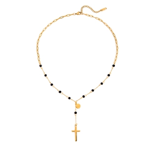 18K gold plated stainless steel Y-necklace with black beads and a cross pendant