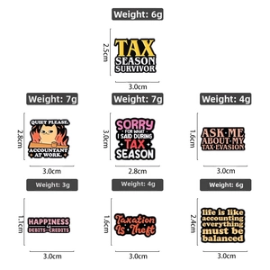 Macro detail of various funny accounting enamel pins with creative English quotes