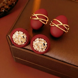Vintage Hong Kong Style Oval Stud Earrings Copper Red Matte Painted With Silver Earring Post For Women