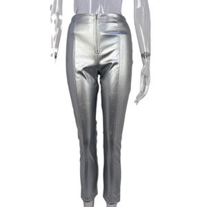 Women's slim fit high waist silver PU leather pants with metallic finish and front zipper