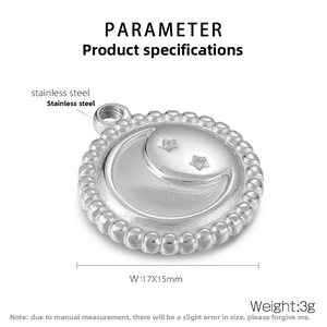 Macro view of stainless steel sun and moon charm with 17x15mm dimensions and 3g weight