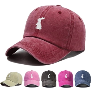 Washed Cotton Baseball Cap Embroidered Rabbit Sun Protection Adjustable Vintage Retro Style Outdoor Hat For Men Women