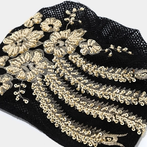 Fashionable black mesh headwrap for women featuring exquisite gold floral embroidery
