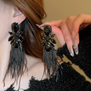Elegant long black feather tassel earrings with sparkling crystals and dark gemstones