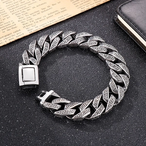 Men's vintage silver stainless steel chunky chain bracelet with engraved Greek key patterns