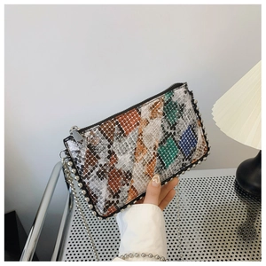Detail of color-block snake pattern envelope bag with silver ball chain and bead trim