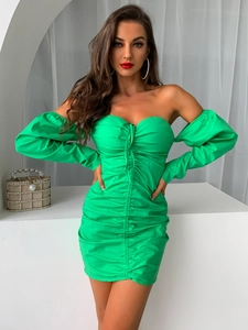 Green ruched backless summer dress with puff sleeves and tie-front detail for women