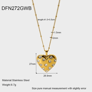 Detailed view of 18k gold plated heart necklace with white cubic zirconia and dimensions