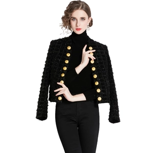 Slim fit black tweed cropped jacket for women featuring golden heraldic metal buttons