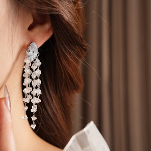 Close-up of luxury silver tassels earrings with clear diamond-like stones on a model