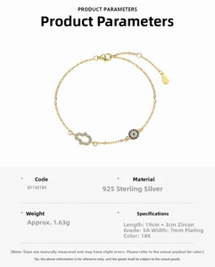 Detailed spec view of S925 silver Evil Eye Hamsa bracelet with 18K gold plating