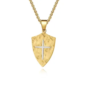 Men Stainless Steel Cross Shield Pendant Necklace Hammered Texture Retro Religious Punk British Style Jewelry