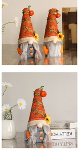 Detailed view of handmade Harvest Festival gnomes with pumpkin and sunflower accents.