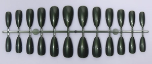 Close-up of dark green shimmer almond false nails on a 24-piece molding frame
