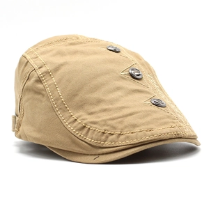 Close-up of khaki canvas beret with fashion metal buttons and visible stitching detail