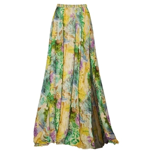 Detail eines langen High-Waist-Rocks mit lebhaftem abstrakten Ölgemälde-Blumendruck