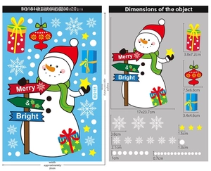 Size guide for Christmas window stickers showing snowman, gift box, and snowflake dimensions