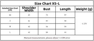 Tabella taglie dettagliata per top da donna con spalline e misure XS-L in centimetri