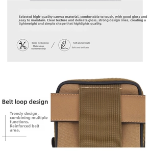 Close-up of the reinforced belt tunnel on a durable brown canvas waist bag