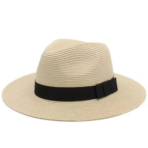 Breathable summer straw sun hat with black ribbon band and wide brim for beach