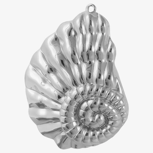 Macro shot of silver seashell pendant with textured 3D relief and hanging hole for jewelry