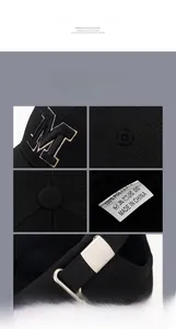Detail of embroidered M letter logo and adjustable metal buckle on black baseball cap