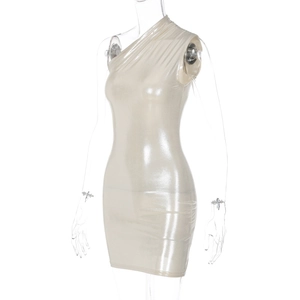 Detailed close-up of metallic champagne one-shoulder bodycon dress with silky texture