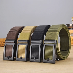 Four colors of outdoor nylon belts on wood with matte black metal automatic buckles