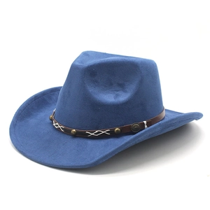 Classic wide brim western cowboy hat in navy blue faux suede with studded leather band