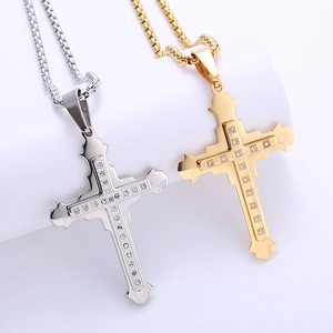 Double-layered stainless steel cross pendant necklace with rhinestones in gold and silver