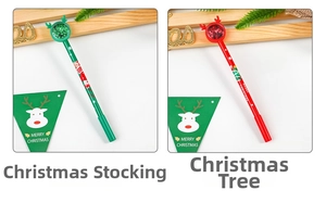 Close-up of Christmas elk sequin pens with festive reindeer antlers and holiday patterns