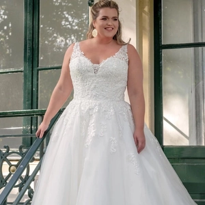 Elegant plus size white lace wedding dress with V-neck and sleeveless A-line tulle design