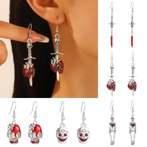 Gothic Skull Sword And Anatomical Heart Dangle Earrings With Alloy Enamel And Stainless Steel Earring Post Punk Dark Aesthetic Halloween Novelty
