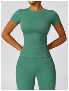 Detail of high-stretch quick-dry green yoga top and leggings with premium texture