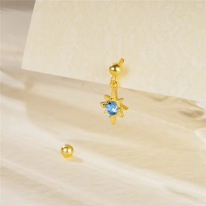 Macro shot of gold star earring with blue crystal and screw back on textured card