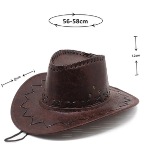 Detail view of brown cowboy hat with cross stitching and size chart 56-58cm