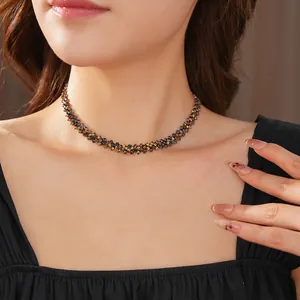 Elegant woven square diamond choker necklace with champagne crystals for women