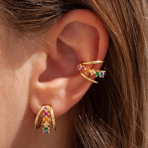 Rainbow Zircon Multi-Layered C-Shaped Ear Cuffs And Stud Earrings Vintage Copper Plated Fashion Accessories For Women